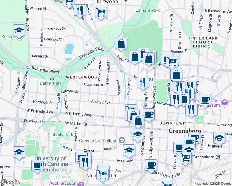 map of restaurants, bars, coffee shops, grocery stores, and more near 602 Fairmont Street in Greensboro
