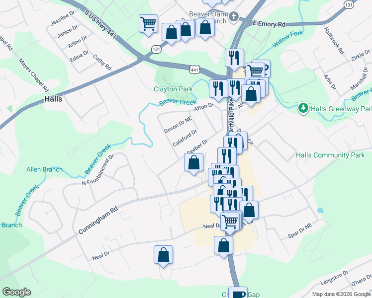 map of restaurants, bars, coffee shops, grocery stores, and more near 3807 Seeber Drive in Knoxville
