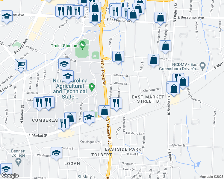 map of restaurants, bars, coffee shops, grocery stores, and more near 300 Marshall Street in Greensboro
