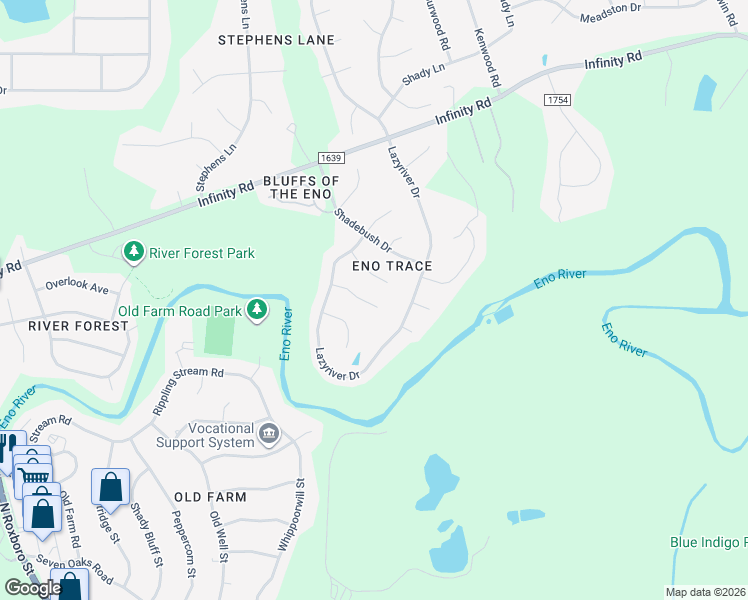 map of restaurants, bars, coffee shops, grocery stores, and more near 21 Round Spring Lane in Durham