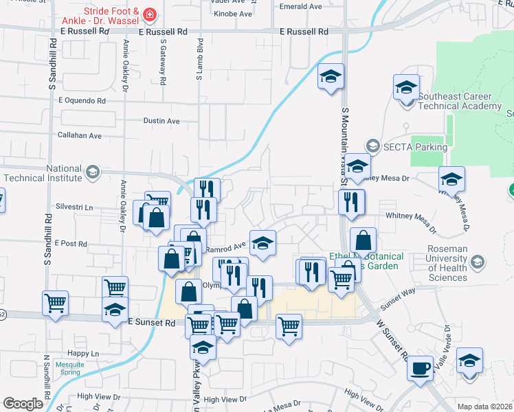 map of restaurants, bars, coffee shops, grocery stores, and more near 2120 Ramrod Avenue in Henderson