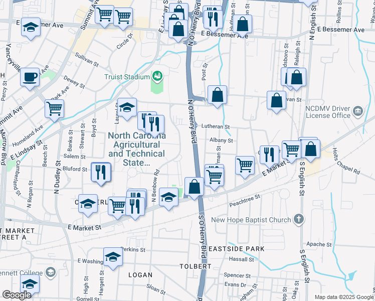 map of restaurants, bars, coffee shops, grocery stores, and more near 220 North Booker Street in Greensboro