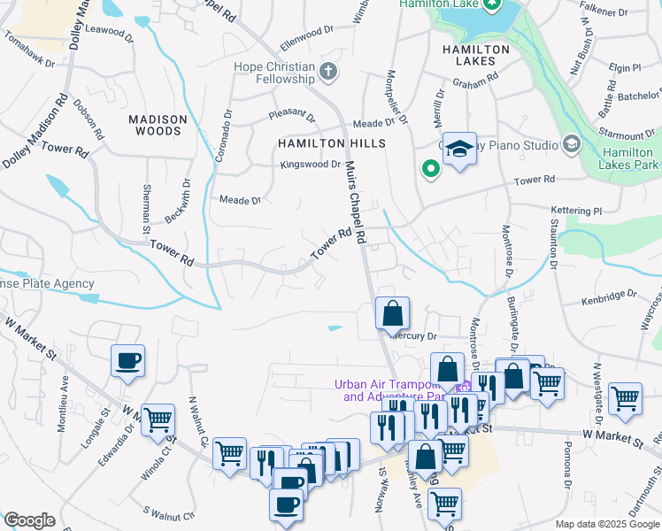 map of restaurants, bars, coffee shops, grocery stores, and more near 4823 Tower Road in Greensboro
