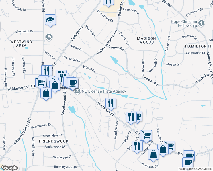 map of restaurants, bars, coffee shops, grocery stores, and more near 118 Village Lane in Greensboro