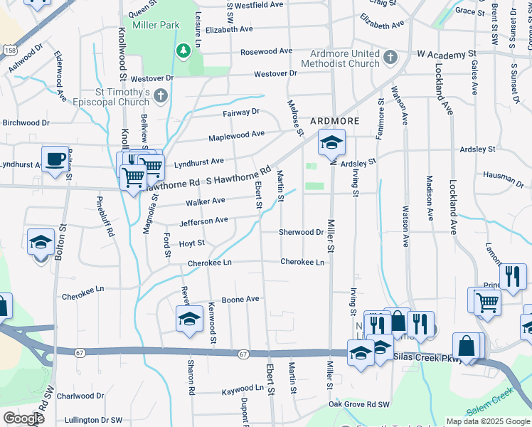 map of restaurants, bars, coffee shops, grocery stores, and more near 1136 Martin Street in Winston-Salem