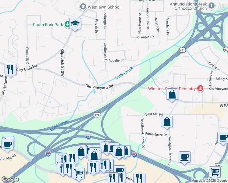 map of restaurants, bars, coffee shops, grocery stores, and more near 236 Olde Vineyard Court in Winston-Salem
