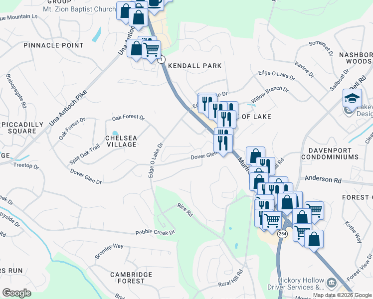 map of restaurants, bars, coffee shops, grocery stores, and more near 350 Dover Glen Drive in Nashville