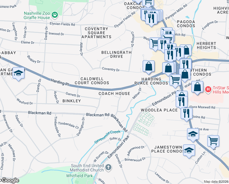 map of restaurants, bars, coffee shops, grocery stores, and more near 523B Harding Place in Nashville