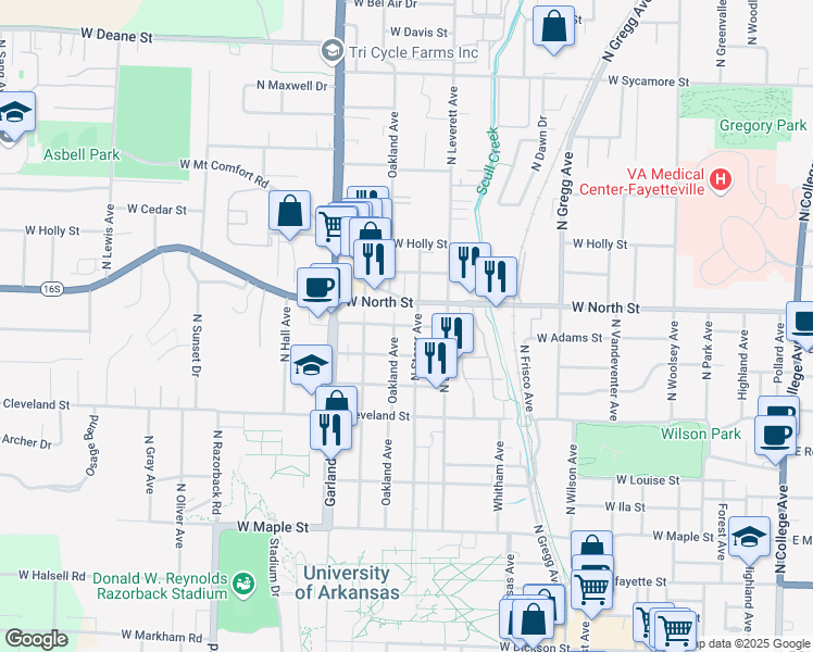 map of restaurants, bars, coffee shops, grocery stores, and more near 929 Oakland Avenue in Fayetteville