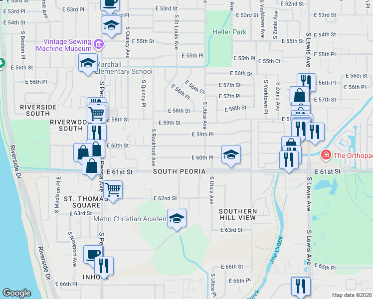 map of restaurants, bars, coffee shops, grocery stores, and more near 1567 East 60th Place in Tulsa