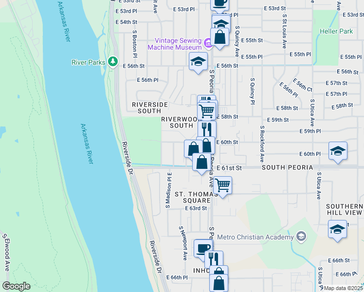 map of restaurants, bars, coffee shops, grocery stores, and more near 6021 South Madison Place in Tulsa