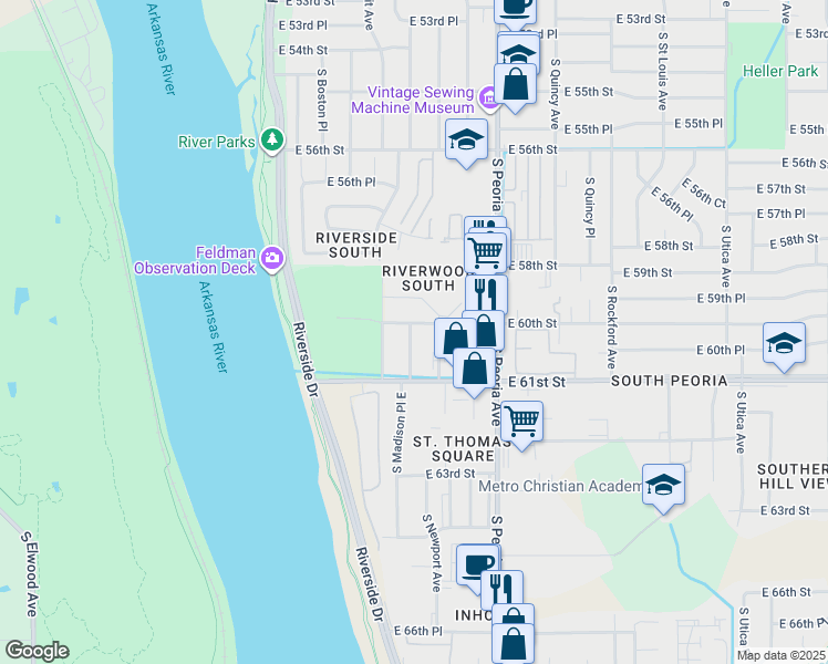 map of restaurants, bars, coffee shops, grocery stores, and more near 6021 South Madison Place in Tulsa
