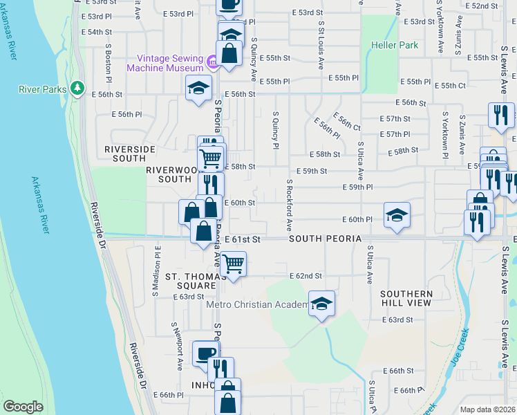map of restaurants, bars, coffee shops, grocery stores, and more near 6005 South Quincy Avenue in Tulsa