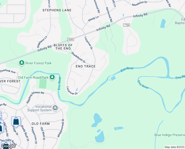 map of restaurants, bars, coffee shops, grocery stores, and more near 3 Big Bluff Place in Durham