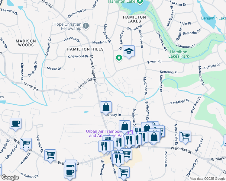 map of restaurants, bars, coffee shops, grocery stores, and more near 4716 Champion Court in Greensboro