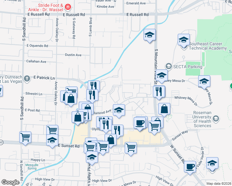 map of restaurants, bars, coffee shops, grocery stores, and more near 2120 Ramrod Avenue in Henderson