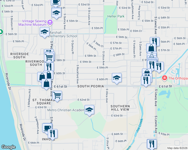 map of restaurants, bars, coffee shops, grocery stores, and more near 1567 East 60th Place in Tulsa
