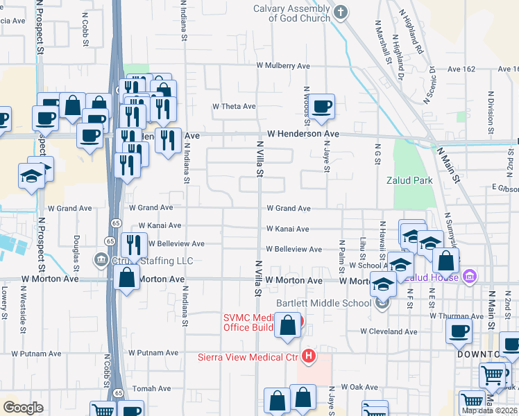 map of restaurants, bars, coffee shops, grocery stores, and more near 600 West Grand Avenue in Porterville
