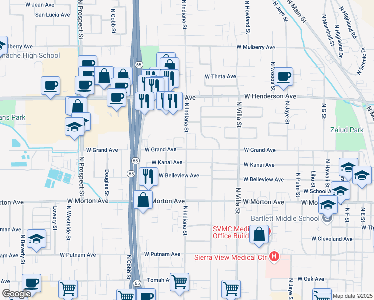 map of restaurants, bars, coffee shops, grocery stores, and more near 598 North Indiana Street in Porterville