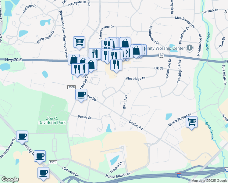 map of restaurants, bars, coffee shops, grocery stores, and more near 605 Westridge Drive in Burlington