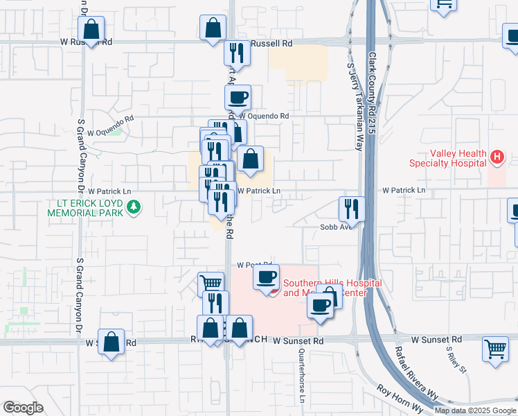 map of restaurants, bars, coffee shops, grocery stores, and more near 6143 Garden Oasis Street in Spring Valley