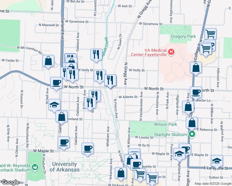 map of restaurants, bars, coffee shops, grocery stores, and more near 626 West Adams Street in Fayetteville