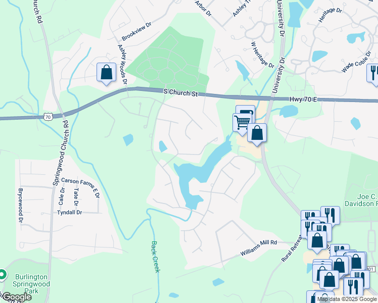 map of restaurants, bars, coffee shops, grocery stores, and more near 1150 Lochshire Drive in Burlington