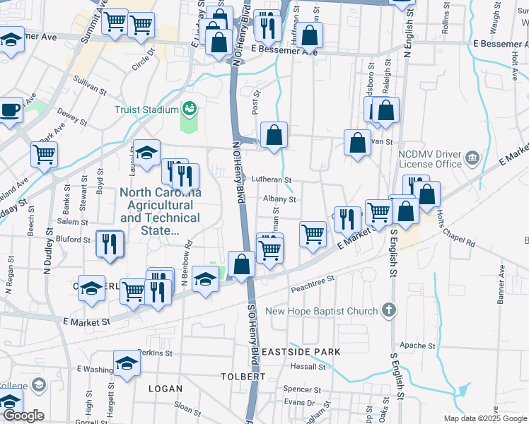 map of restaurants, bars, coffee shops, grocery stores, and more near 2005 Byrd Street in Greensboro