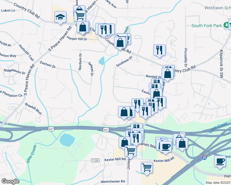 map of restaurants, bars, coffee shops, grocery stores, and more near 4815 Southwin Drive in Winston-Salem