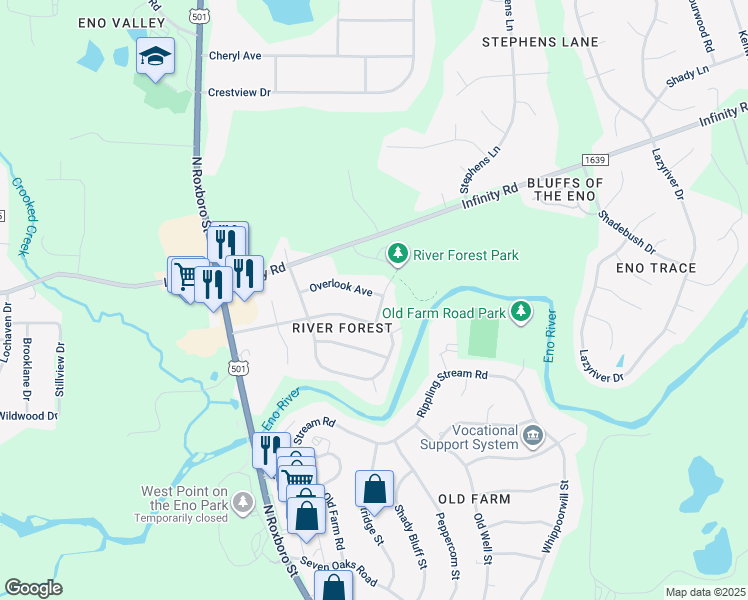 map of restaurants, bars, coffee shops, grocery stores, and more near 4909 Fox Hunt Road in Durham