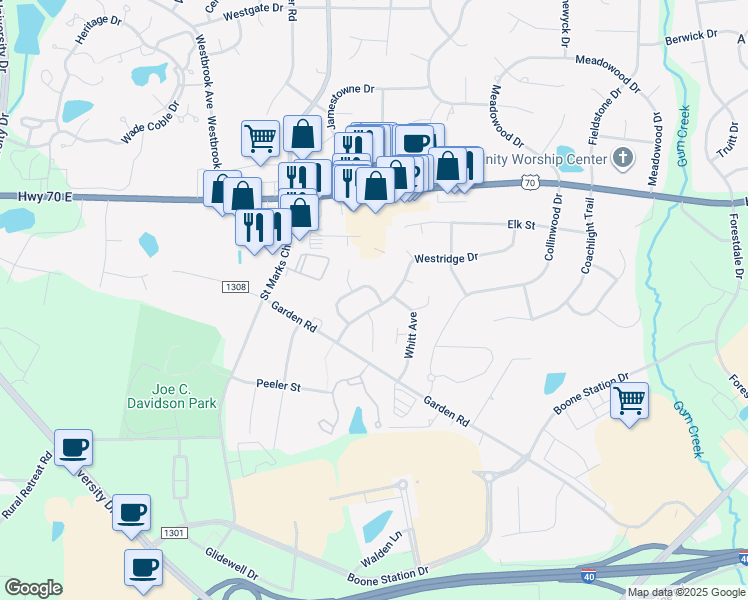 map of restaurants, bars, coffee shops, grocery stores, and more near 605 Westridge Drive in Burlington