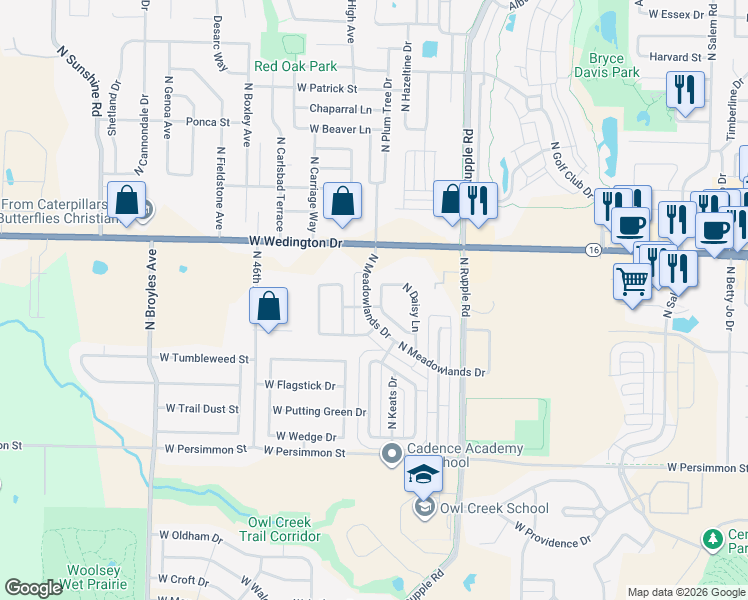 map of restaurants, bars, coffee shops, grocery stores, and more near 798-848 Larkspur Lane in Fayetteville