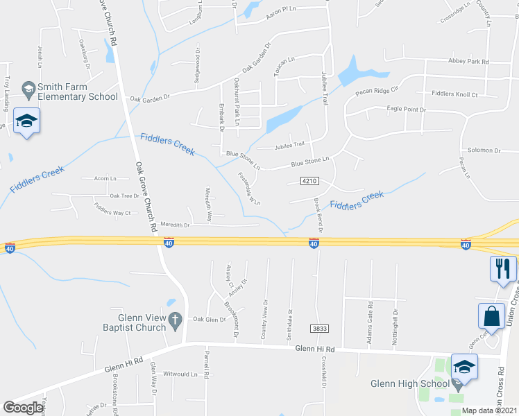 map of restaurants, bars, coffee shops, grocery stores, and more near 2350 Fosterdale West Lane in Kernersville
