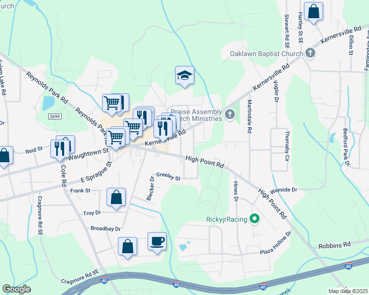 map of restaurants, bars, coffee shops, grocery stores, and more near 3101 High Point Road in Winston-Salem