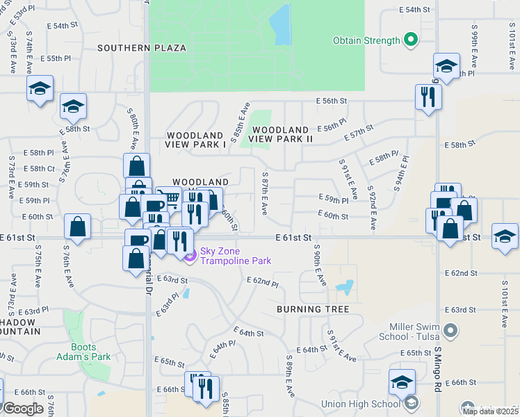 map of restaurants, bars, coffee shops, grocery stores, and more near 5936 South 87th East Avenue South in Tulsa