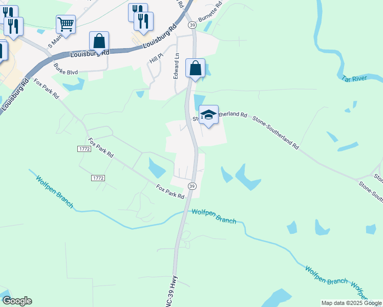 map of restaurants, bars, coffee shops, grocery stores, and more near 806 North Carolina 39 in Louisburg
