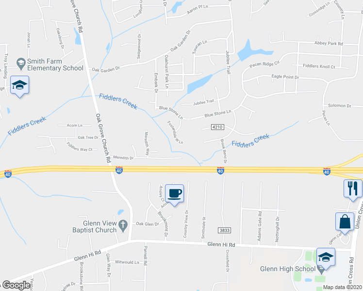 map of restaurants, bars, coffee shops, grocery stores, and more near 2350 Fosterdale West Lane in Kernersville