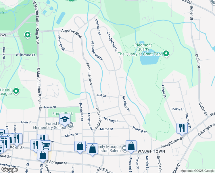 map of restaurants, bars, coffee shops, grocery stores, and more near 1530 Billy Drive in Winston-Salem