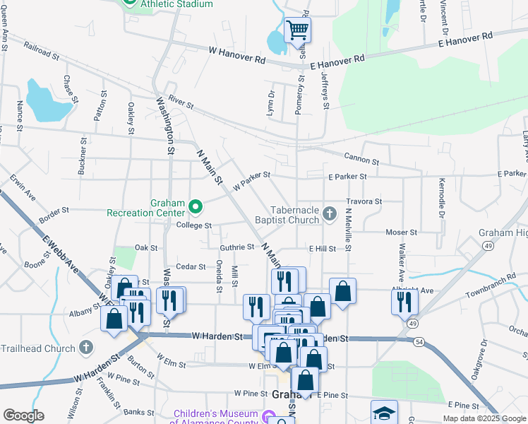 map of restaurants, bars, coffee shops, grocery stores, and more near 612 New Street in Graham