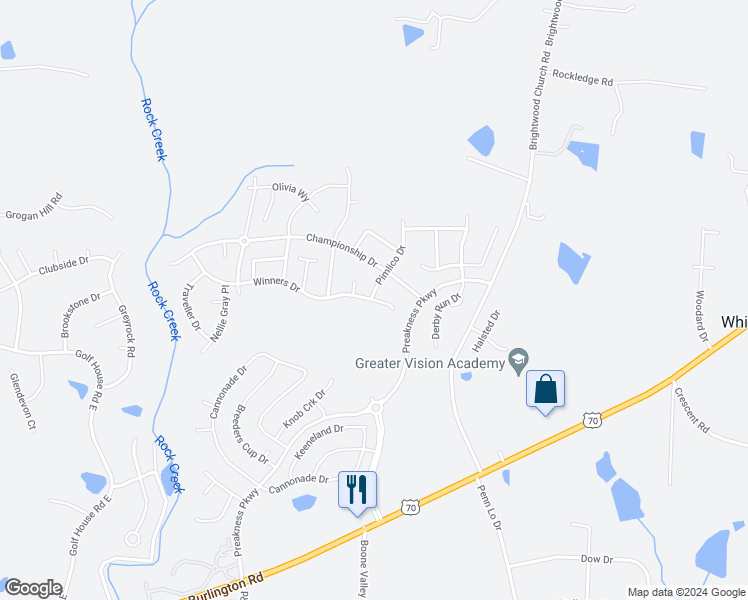 map of restaurants, bars, coffee shops, grocery stores, and more near 6802 Winners Drive in Whitsett