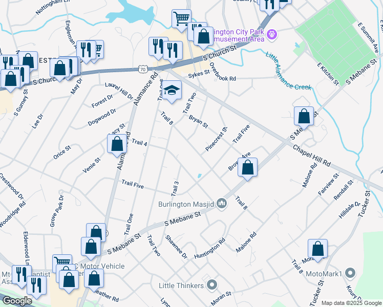 map of restaurants, bars, coffee shops, grocery stores, and more near 307 Trail 8 in Burlington