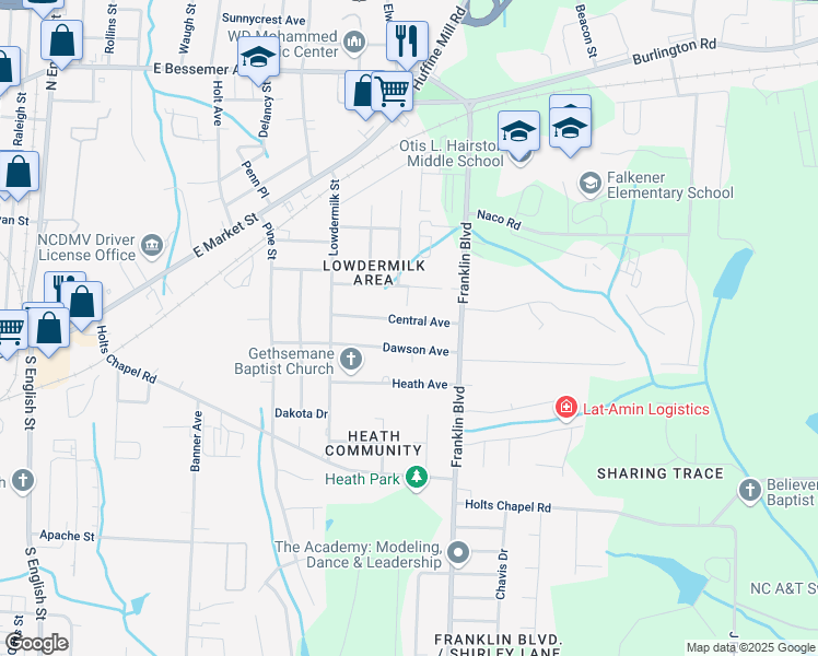 map of restaurants, bars, coffee shops, grocery stores, and more near 3801 Dawson Avenue in Greensboro