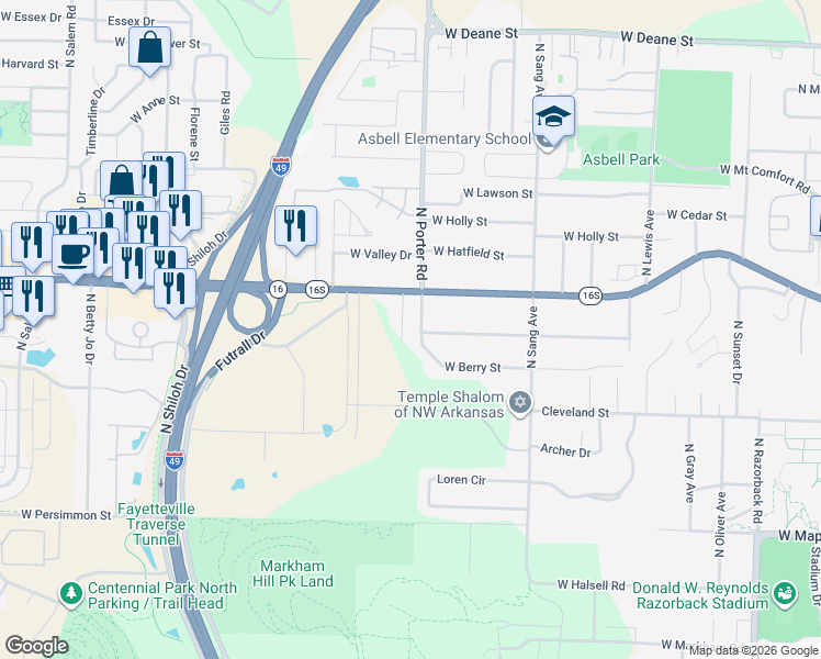 map of restaurants, bars, coffee shops, grocery stores, and more near 958 North Lancelot Avenue in Fayetteville