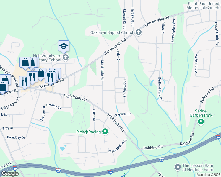 map of restaurants, bars, coffee shops, grocery stores, and more near 3460 Thornaby Drive in Winston-Salem
