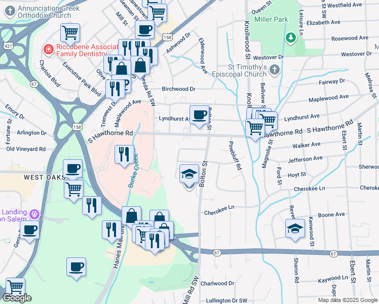 map of restaurants, bars, coffee shops, grocery stores, and more near 2824 Hermitage Drive in Winston-Salem