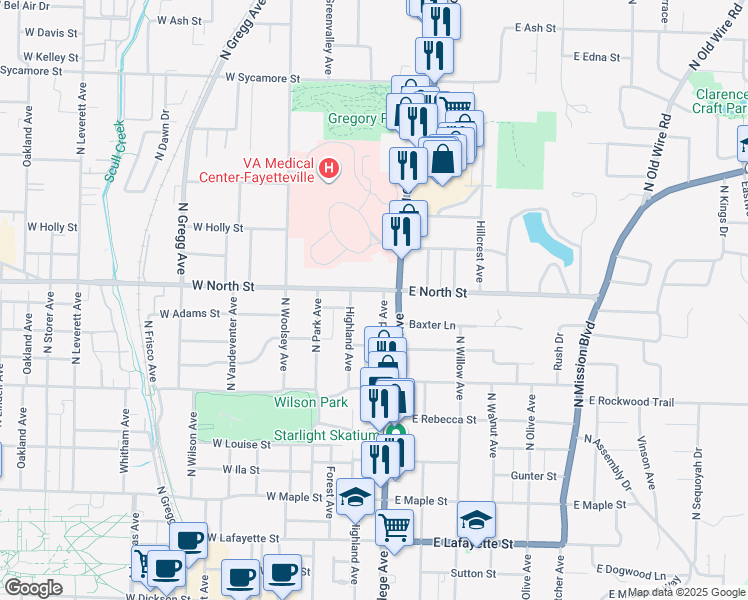 map of restaurants, bars, coffee shops, grocery stores, and more near 1009 Pollard Avenue in Fayetteville