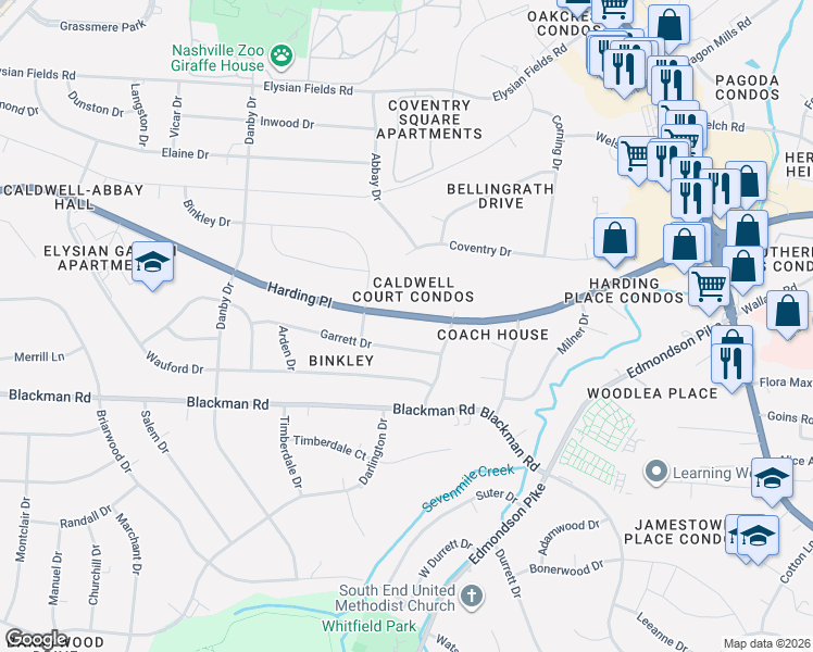 map of restaurants, bars, coffee shops, grocery stores, and more near 212 Garrett Drive in Nashville