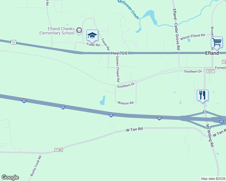 map of restaurants, bars, coffee shops, grocery stores, and more near 405 Watson Road in Efland