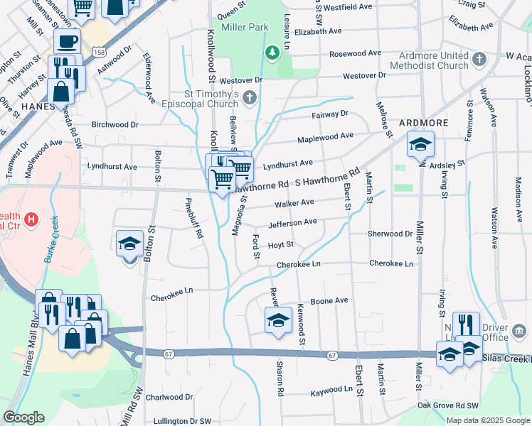 map of restaurants, bars, coffee shops, grocery stores, and more near 2439 Jefferson Avenue in Winston-Salem