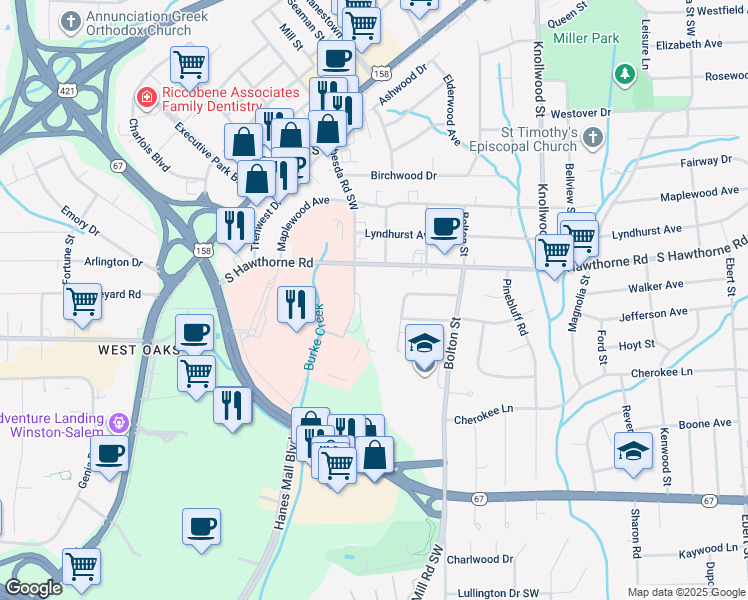 map of restaurants, bars, coffee shops, grocery stores, and more near 901 Bethesda Road Southwest in Winston-Salem